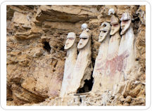 Five Sarcophagi of Karajia, ancient Chachapoya tombs, tucked into the walls of the cliff-side
