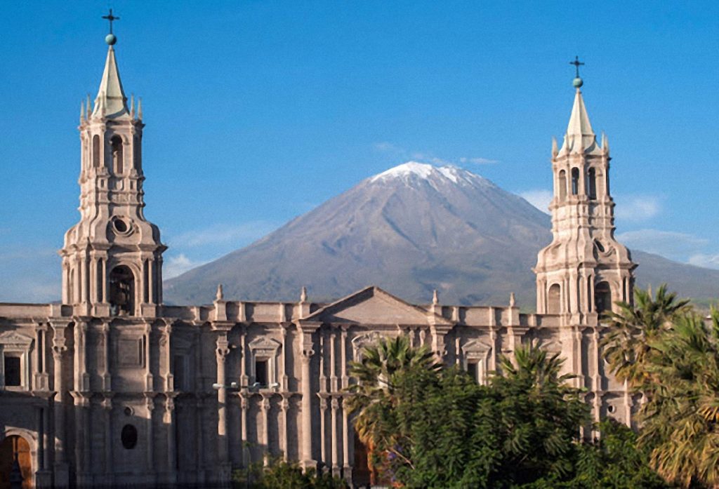 El Misti volcano from Arequipa Main Plaza. Arequipa tours: Famous for its colonial-era architecture fashioned from luminescent white "sillar" volcanic rock.