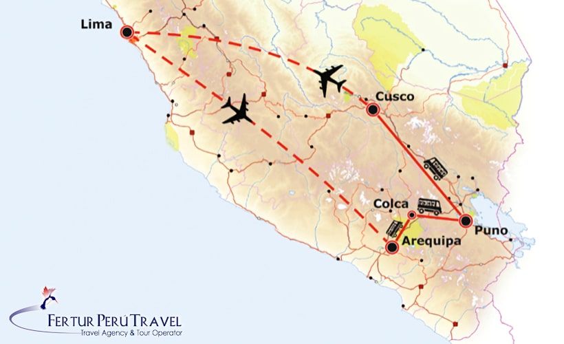 Infografía - Mapa de ruta: Vuele de Lima a Arequipa, por tierra al Cañón del Colca, Puno y el lago Titicaca y Cusco, con el Valle Sagrado y Machu Picchu. Vuelo de regreso a Lima.