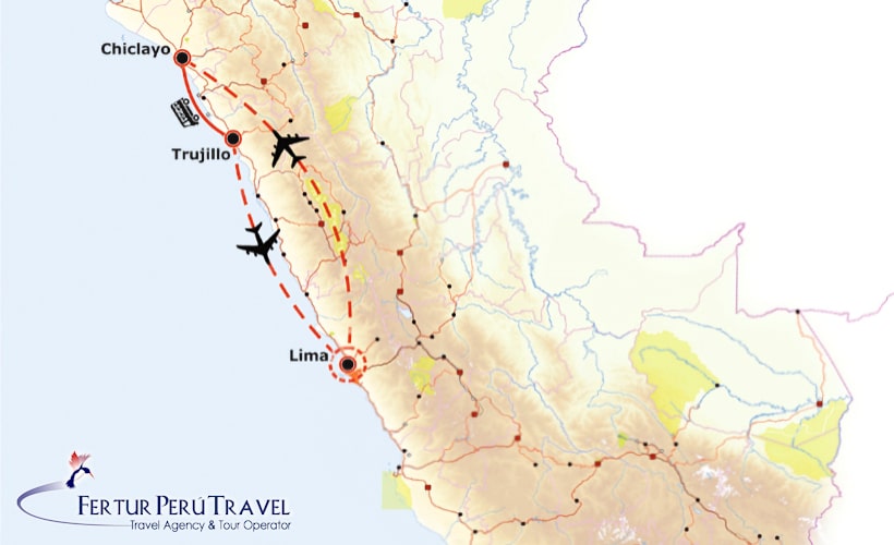 Infographic - Map of tour route: Fly from Lima to Chiclayo, overland with archaeological tours along the way to Trujillo, return flight to Lima. 