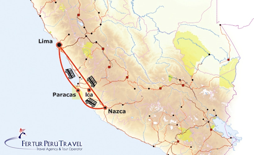 Infographic: Tour route Lima - Ica - Nazca - Paracas - Lima