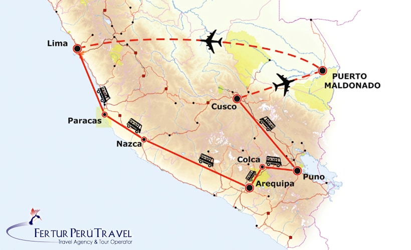 Infografía - Mapa de ruta para el paquete turístico de 15 días: terrestre Lima, Paracas, Nazca, Arequipa, Cañón del Colca, Puno, Cusco, Valle Sagrado y Machu Picchu; Vuelo a Puerto Maldonado / Tambopata, vuelo de regreso a Lima.