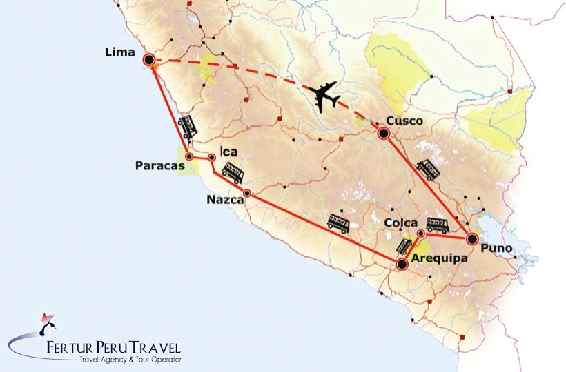 Map of the Peru Southern Circuit for a 16-day tour of Lima, the Ballestas Islands, Ica, Arequipa's Colca Canyon, Lake Titicaca, Cuzco's Sacred Valley, and Machu Picchu.