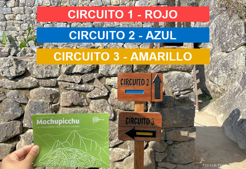 Señalización en Machu Picchu indicando rutas codificadas por colores: Circuito 1 - Rojo Circuito 2 - Azul Circuito 3 - Amarillo